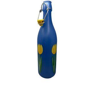 VTG CERVE Blue Frosted Glass Bottle Decanter 12” Yellow Tulips, Made in Italy